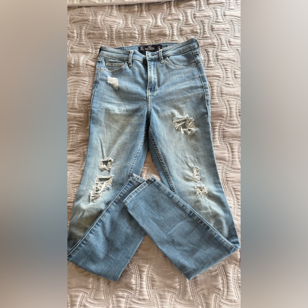 EUC Women Hollister High Rise Super Skinny Destructed Stretch Blue Jeans Sz 0 24